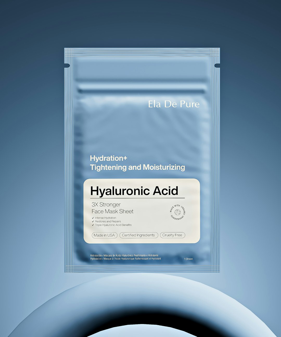 Premium Hyaluronic Acid Face Mask Sheet Product Photography High-quality product photography of Ela De Pures Hyaluronic Acid Face Mask Sheet. This elegant packaging highlights hydration, skin tightening, and moisturizing benefits. Ideal for beauty, skincare, and cosmetic product presentations.